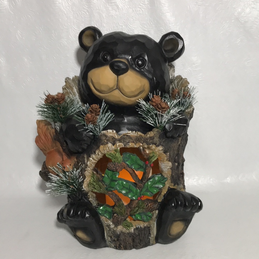 Cracker Barrel Bear with Flickering Light Black Bear Figure WORKS Well